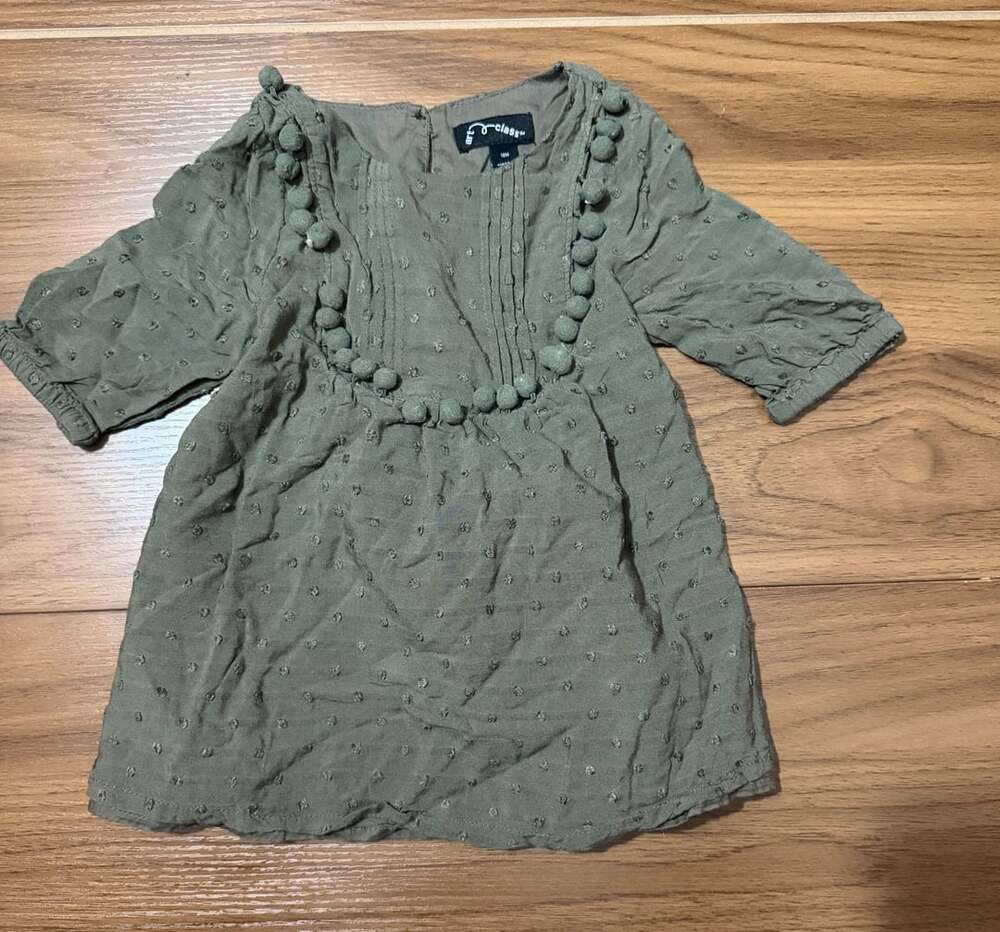 Art Class Baby Girls Olive Green Pom Pom Swiss Dot Tunic Dress